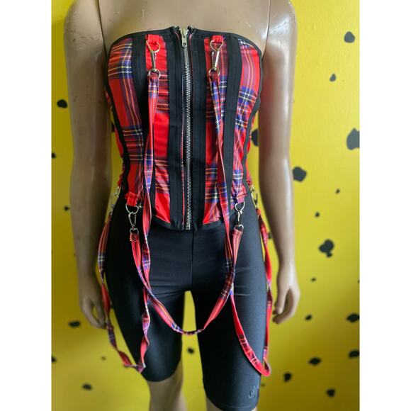 Red Plaid Corset Harness Top Punk Grunge Y2K Zip Front Strap Bustier Cybercore - Picture 1 of 7